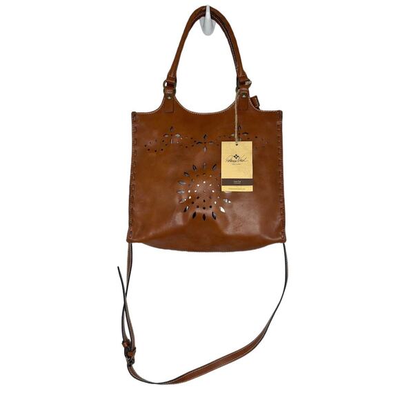 Patricia Nash Cognac Laser Cut Podesta Tooled Leather Satchel Hand Bag NEW - Picture 1 of 12